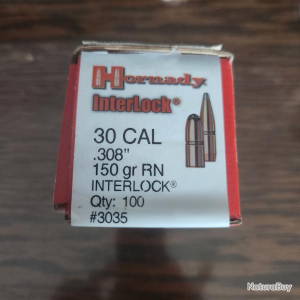 100 Hornady 30 cal .308 150 gr RN interlock