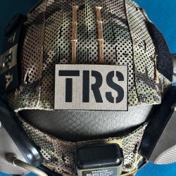Patch tactique TRS (Transmissions / Indicatif) - Fond Sable / Tan (5x8 cm / 100 % Cordura 500D)