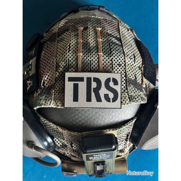 Patch tactique TRS (Transmissions / Indicatif) - Fond Sable / Tan (5x8 cm / 100 % Cordura 500D)