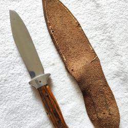 Couteau ancien 1950, de Scout campeur, lame fixe Les 2 Diables &eacute;tui cuir