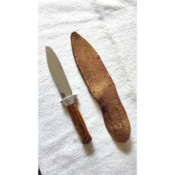 Couteau ancien 1950, de Scout campeur, lame fixe Les 2 Diables �tui cuir