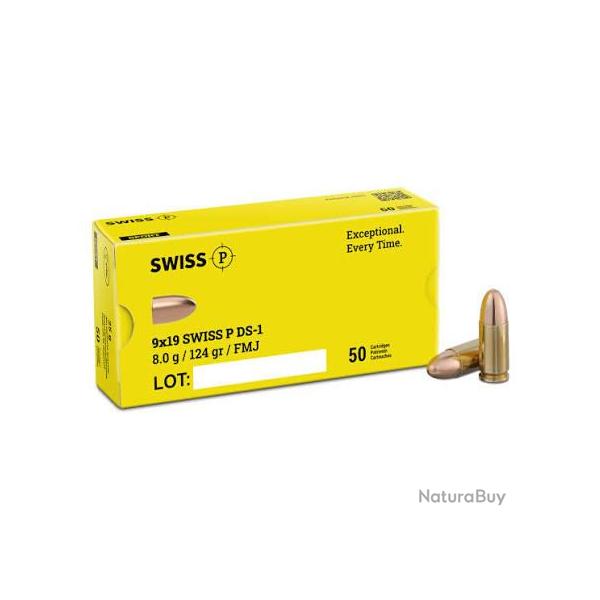 Munitions Swiss P 9 mm Luger FMJ 124 gr DS-1 1 boite ( 50 munitions )