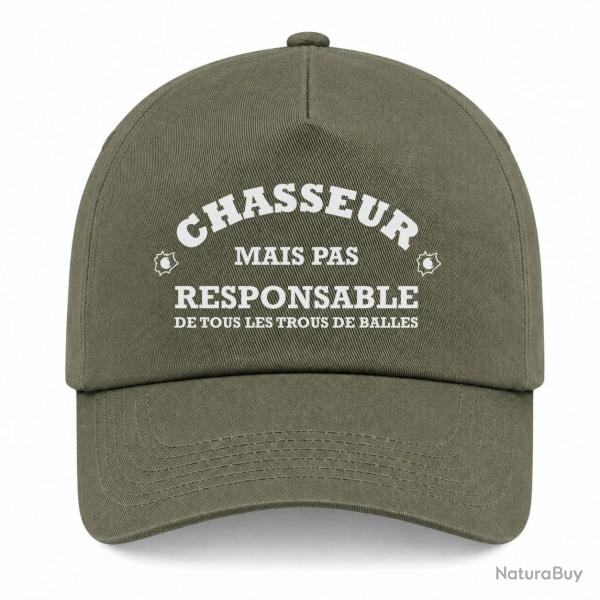 Casquette Humour Chasse - Chasseur mais pas responsable de tous les trous de balles - Kaki / Blanc