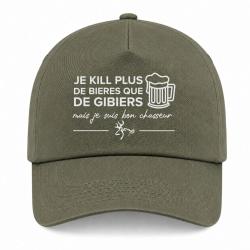 Casquette Humour Chasse - Je kill plus de bi&egrave;res que de gibiers - Kaki / Blanc