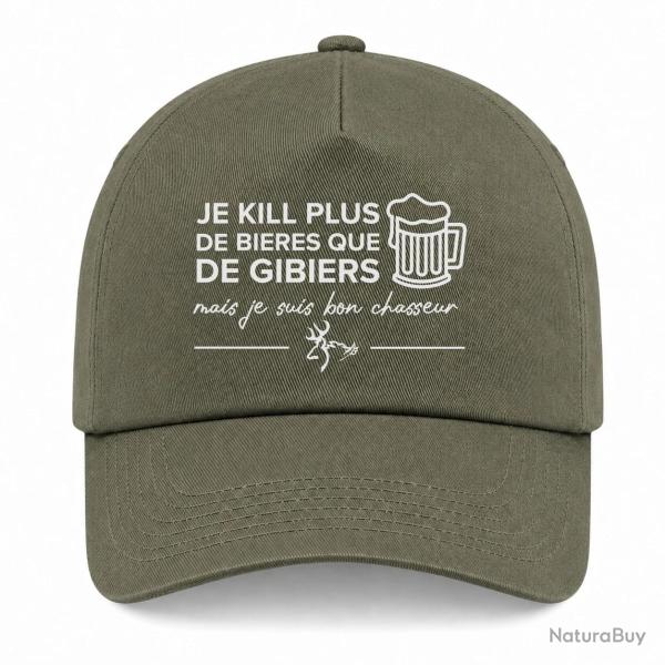 Casquette Humour Chasse - Je kill plus de bi�res que de gibiers - Kaki / Blanc