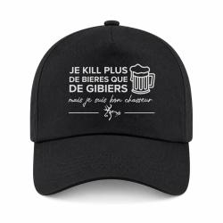 Casquette Humour Chasse - Je kill plus de bi&egrave;res que de gibiers - Noir