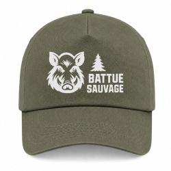 Casquette Chasse - Battue sauvage - Portrait de sanglier - Kaki / Blanc