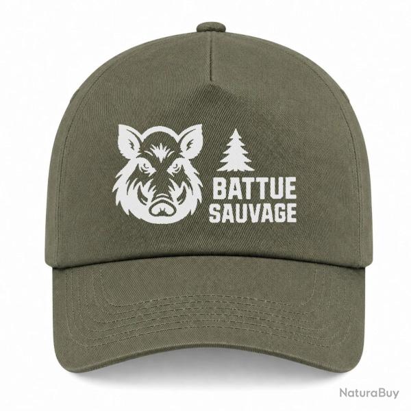 Casquette Chasse - Battue sauvage - Portrait de sanglier - Kaki / Blanc