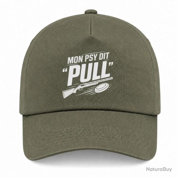 Casquette Ball Trap - Mon psy dit Pull - Humour tireur - Kaki / Blanc