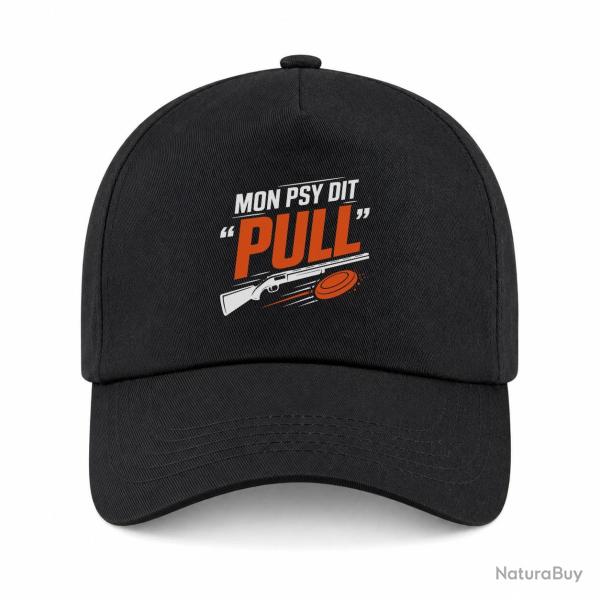 Casquette Ball Trap - Mon psy dit Pull - Humour tireur - Noir / Orange