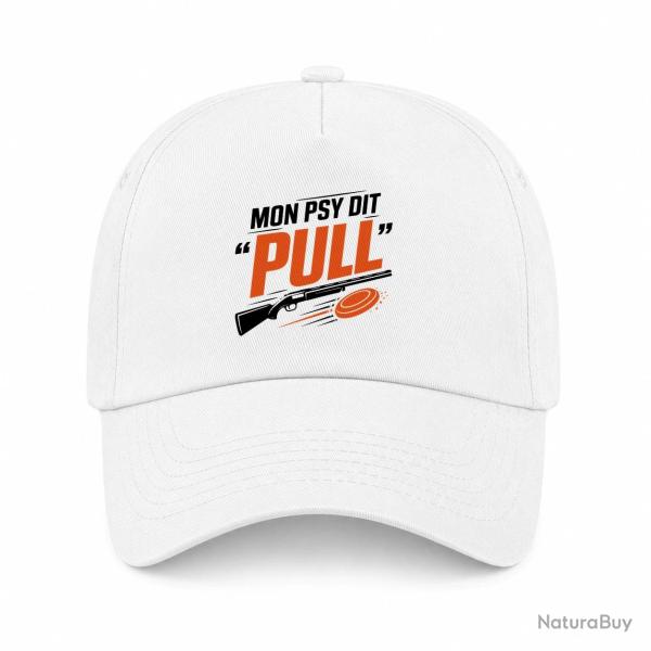 Casquette Ball Trap - Mon psy dit Pull - Humour tireur - Blanc / Orange