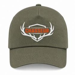 Casquette Chasse - Chasseur n&eacute; - Blason aux bois de cerf - Kaki / Blanc / Orange