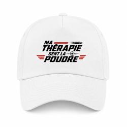 Casquette Tir Sportif - Ma th&eacute;rapie sent la poudre - Cible et balle - Blanc / Orange