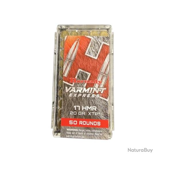 Cartouches HORNADY Varmint express calibre 17 HMR 20gr XTP x50