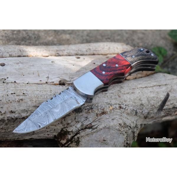 Couteau Lame Damas 128 Couches Manche 2 Bois Fa�on Buck 112 Lockback Fabr Artisanale