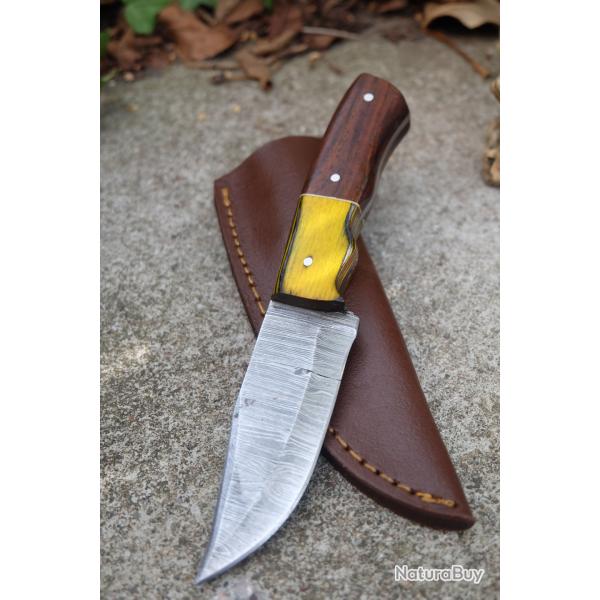 Beau Skinner Couteau Damas Lame 256 Couches Lame Clip Point Manche 2 Bois Fabr Artisanale Etui Cuir