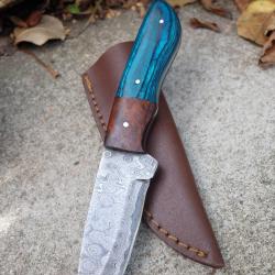 Beau Skinner Couteau Damas Lame 256 Couches New Design Manche Bois Atlantide Fabr Artisan Etui Cuir