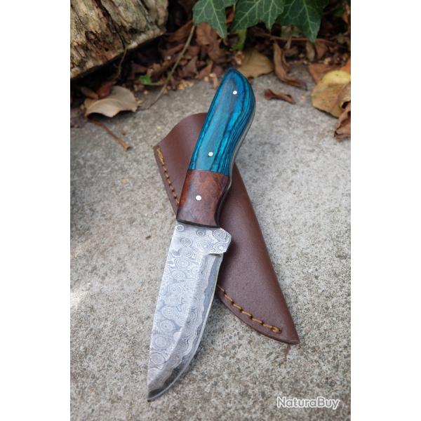 Beau Skinner Couteau Damas Lame 256 Couches New Design Manche Bois Atlantide Fabr Artisan Etui Cuir