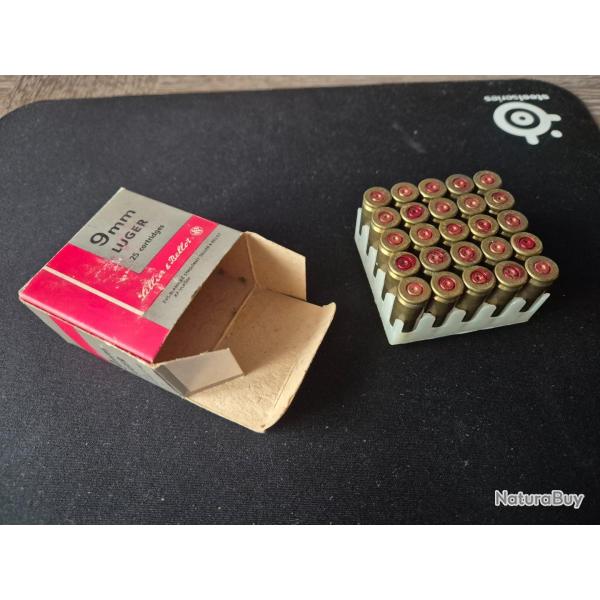 25 munitions de 9 mm Luger neutralis� de marque sellier &bellot avec boite d'origine ann�e 1970