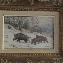 Gouache georges frederic rotig sangliers dans la neige