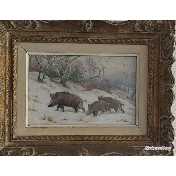 Gouache georges frederic rotig sangliers dans la neige