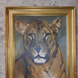 Huile sur isorel georges guyot lionne au repos