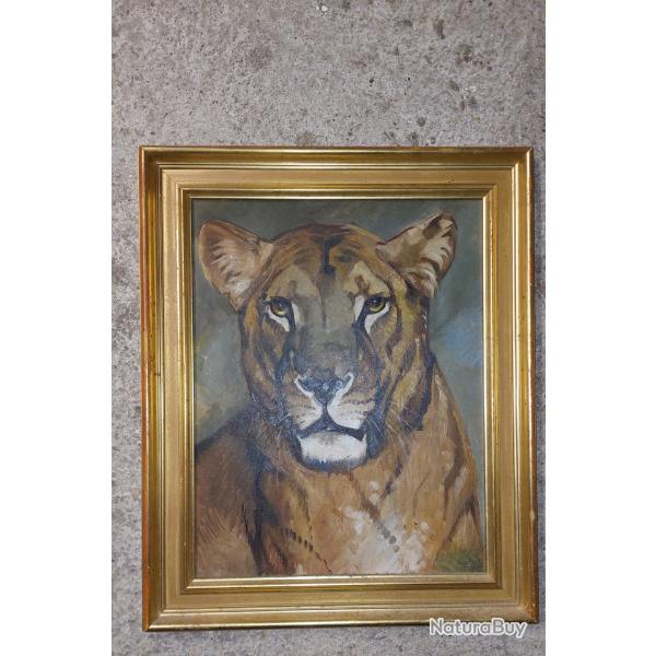 Huile sur isorel georges guyot lionne au repos