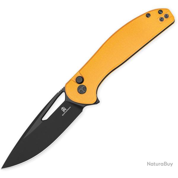 Couteau Pliant Bestechman Whalefin Lame Acier D2 Manche G10 Jaune Button Lock BTKMK18E