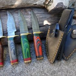 LOT DE 4 Couteau Skinner Damas Lame 256 Couches Manche Bois Fabric Artisan Etui Cuir