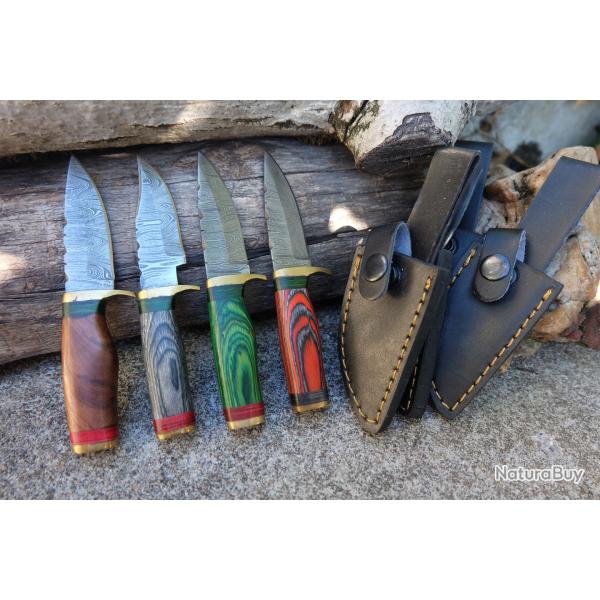 LOT DE 4 Couteau Skinner Damas Lame 256 Couches Manche Bois Fabric Artisan Etui Cuir