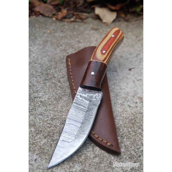 Couteau Skinner Lame Acier Damas 256 Couches Manche 2 Bois Etui Cuir F Artisanale