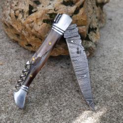 Couteau Damas Lame 128 Couches Fa&ccedil;on Laguiole Abeille Manche Corne Blonde Tire Bouchons Fabr Artisan