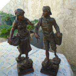 2 statues couple de p&ecirc;cheurs sign&eacute; Rousseau