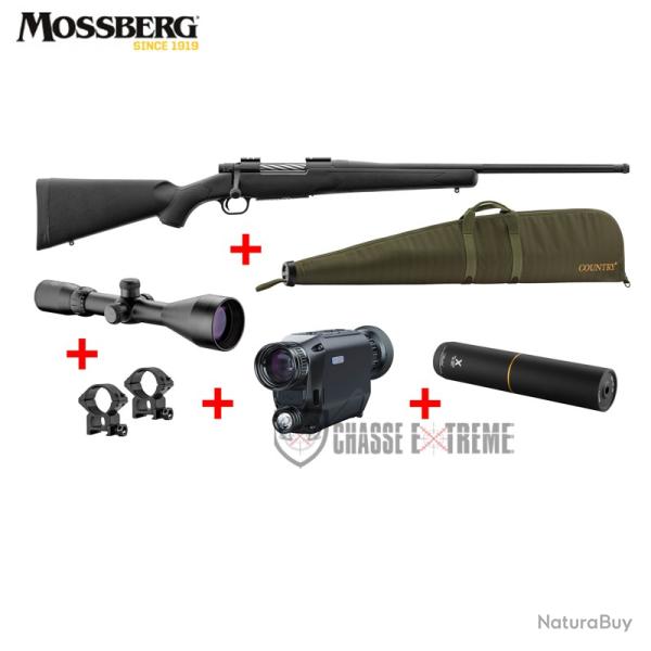 Pack MOSSBERG Patriot Cal 30-06 Sprg +Lunette 3-12x56+Monoculaire PARD NV009+Silencieux+Collier+ Fou