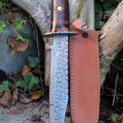 Couteau Poignard Lame Acier Damas 256 Couches Manche Bois Garde Pommeau Damas Etui Cuir F Artisanale