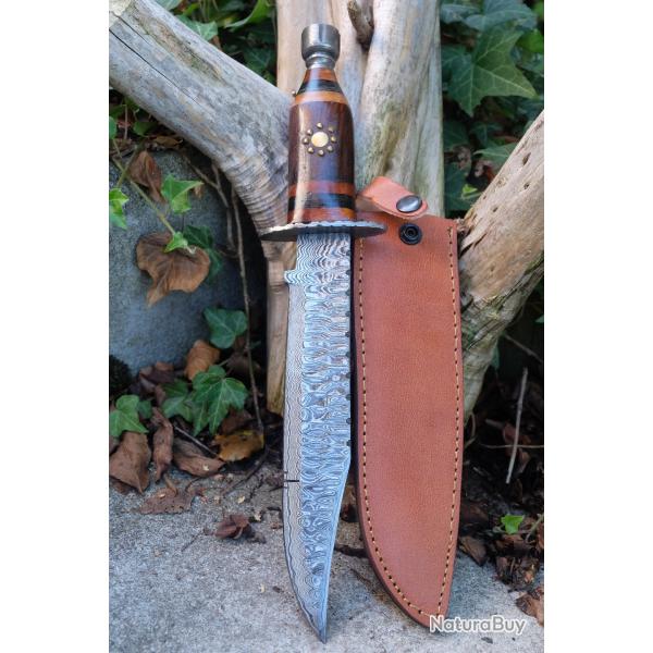 Couteau Poignard Lame Acier Damas 256 Couches Manche Bois Garde Pommeau Damas Etui Cuir F Artisanale