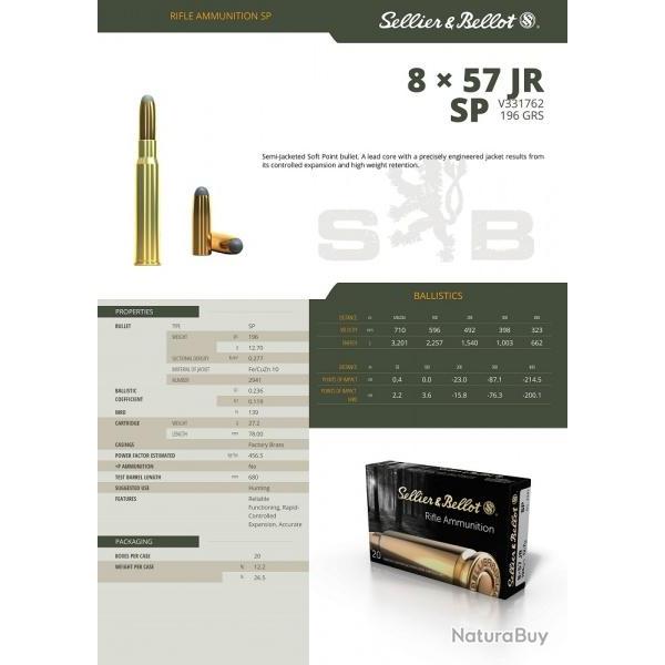 Cartouche Sellier bellot 8x57 jr SP 1.7 g 196 gr