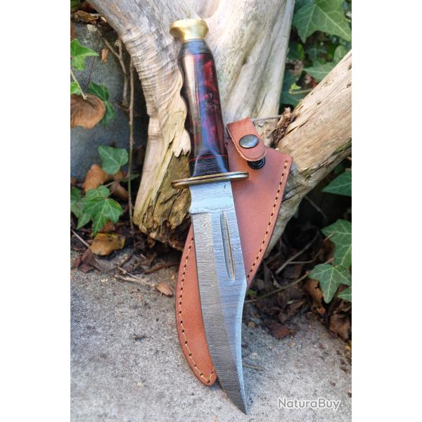 Poignard Fa�on Buck 119 Lame Acier Damas 256 Couches Manche R�sine Garde Laiton Etui Cuir F Artisan