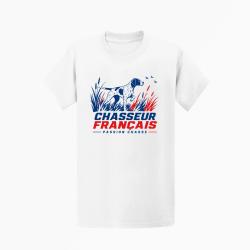T-shirt Chasse Chasseur Fran&ccedil;ais Chien d'Arr&ecirc;t Blanc