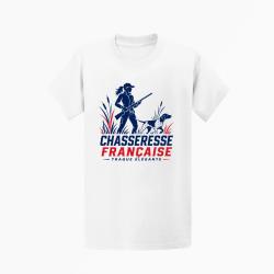 T-shirt Chasse Chasseresse Fran&ccedil;aise Traque &Eacute;l&eacute;gante Blanc