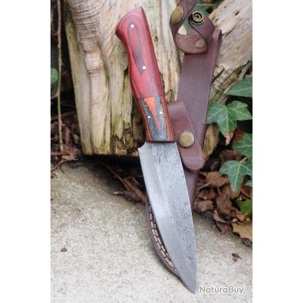 Couteau Skinner Bushcraft Chasse Lame Acier Carbone 1075 Manche Cocobolo Etui Cuir Fabr Artisan