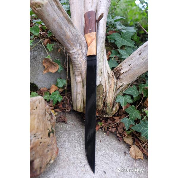 Couteau de Cuisine Kebbab Lame Acier Carbone 1055 Black Manche Bois Fabrication Artisanale
