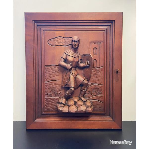 Ancien Panneau Architectural Bois Massif Sculpt� Chevalier M�di�val Mobilier