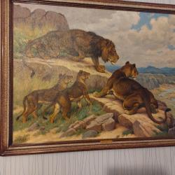 Huile sur toile tableau georges frederic rotig lions