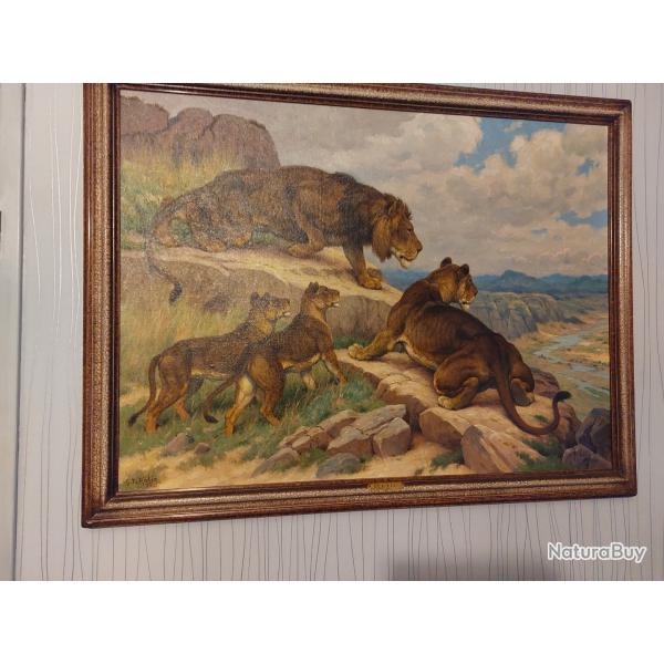 Huile sur toile tableau georges frederic rotig lions
