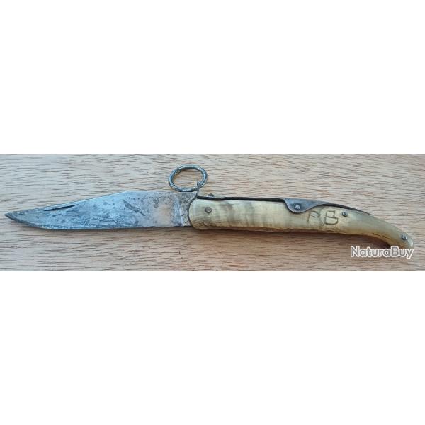 Ancien couteau � palme et anneau XIXe - PRADEL - Corne blonde