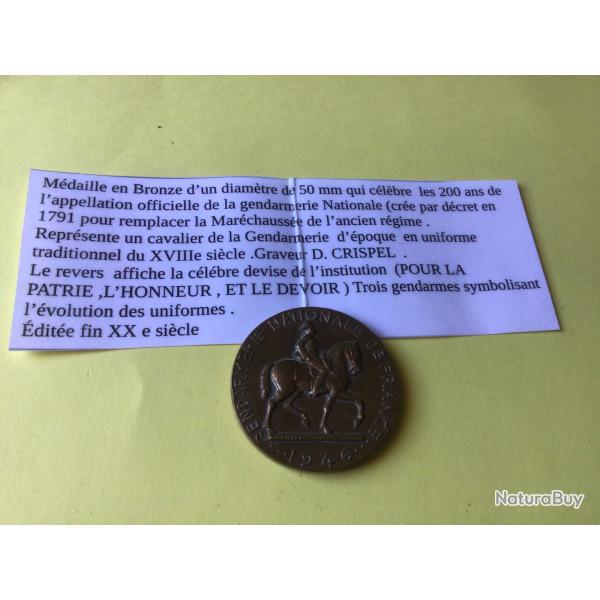 VENDU PAR LE-CUIRASSIER TRES BELLE M�DAILLE EN BRONZE GENDARMERIE NATIONALE 1946