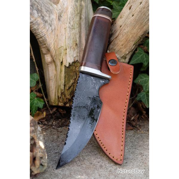 Couteau de Chasse Bowie Lame Clip Point Acier Carbone 1055 Gros Manche Bois Etui Fabr Artisanale