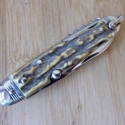 Ancien couteau pliant navette vintage 6 pi&egrave;ces bois de cerf ISSARD INOX FRANCE TB ETAT