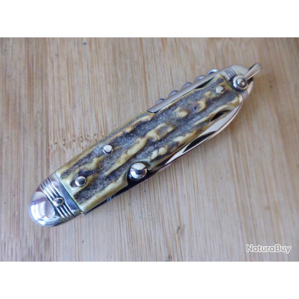 Ancien couteau pliant navette vintage 6 pi�ces bois de cerf ISSARD INOX FRANCE TB ETAT